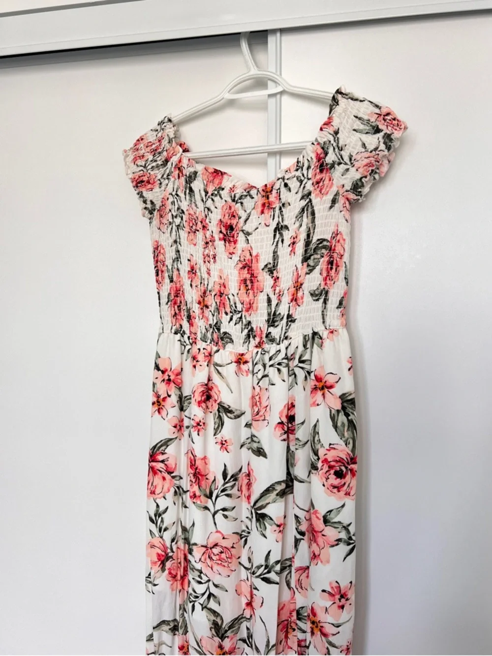 Dynamite White Floral Smocked Top with Pink and Green Print - Summer Dress - Picture 2 of 3